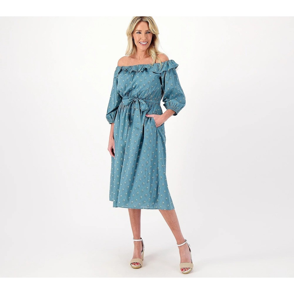 Destination 365 Clip Dot Off- the-Shoulder‎ Midi Dress Green M